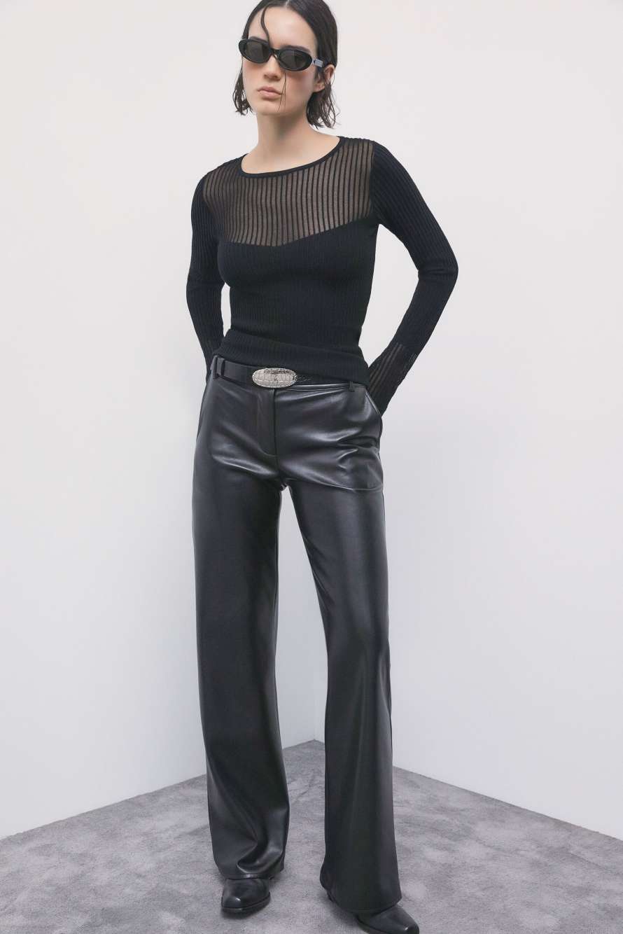 Jersey de punto acanalado con detalles transparentes, Negro