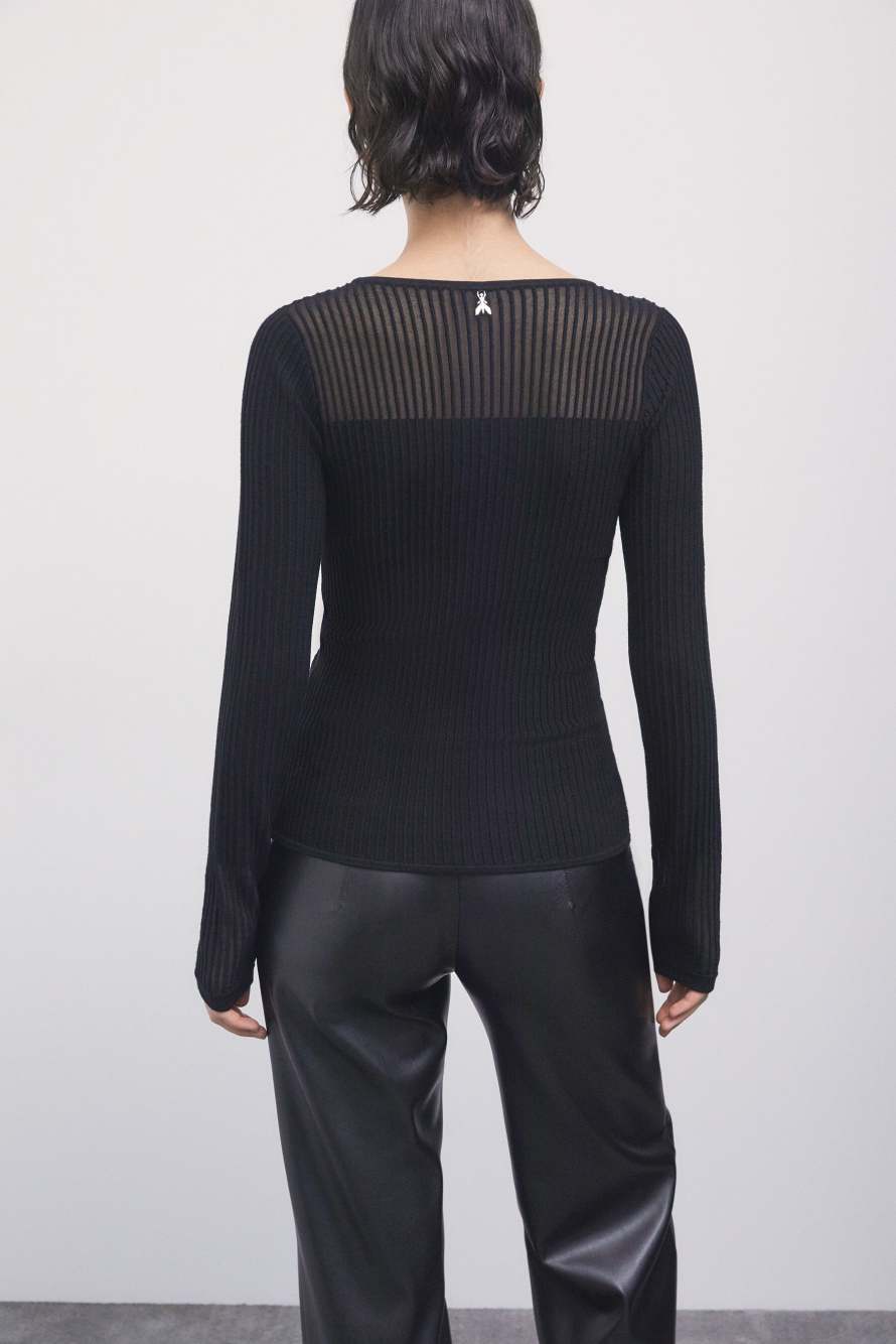 Jersey de punto acanalado con detalles transparentes, Negro