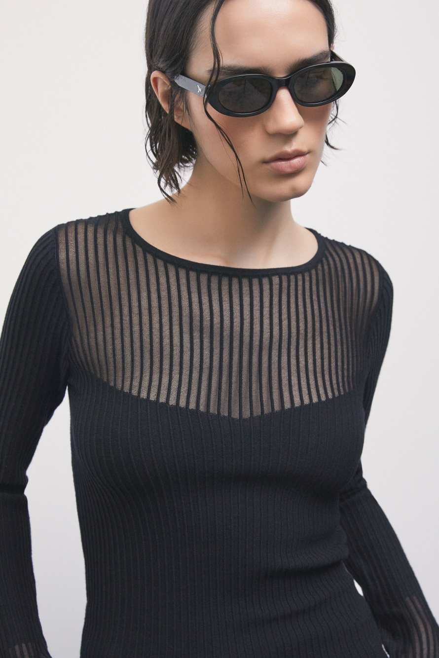 Jersey de punto acanalado con detalles transparentes, Negro