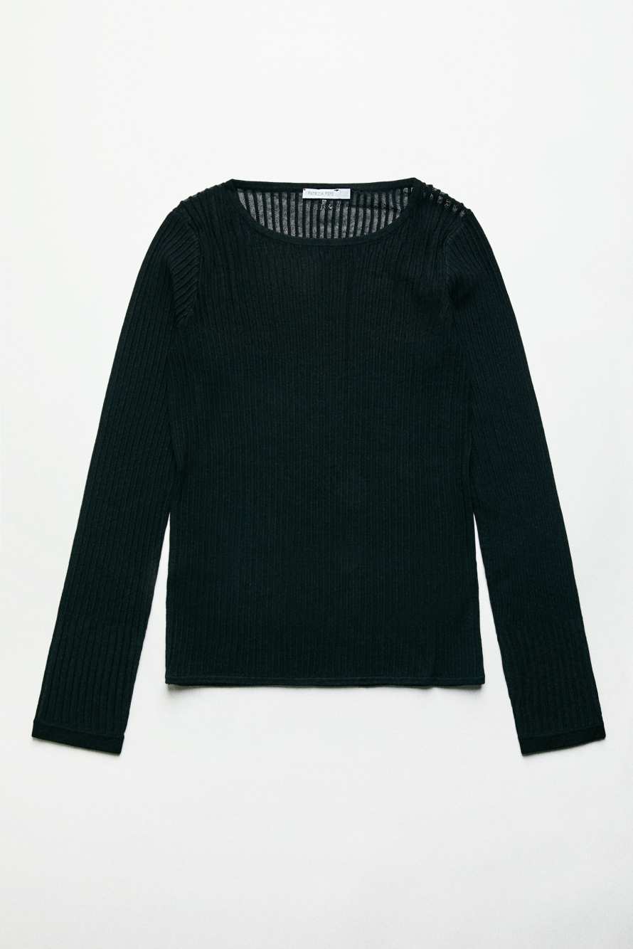 Jersey de punto acanalado con detalles transparentes, Negro