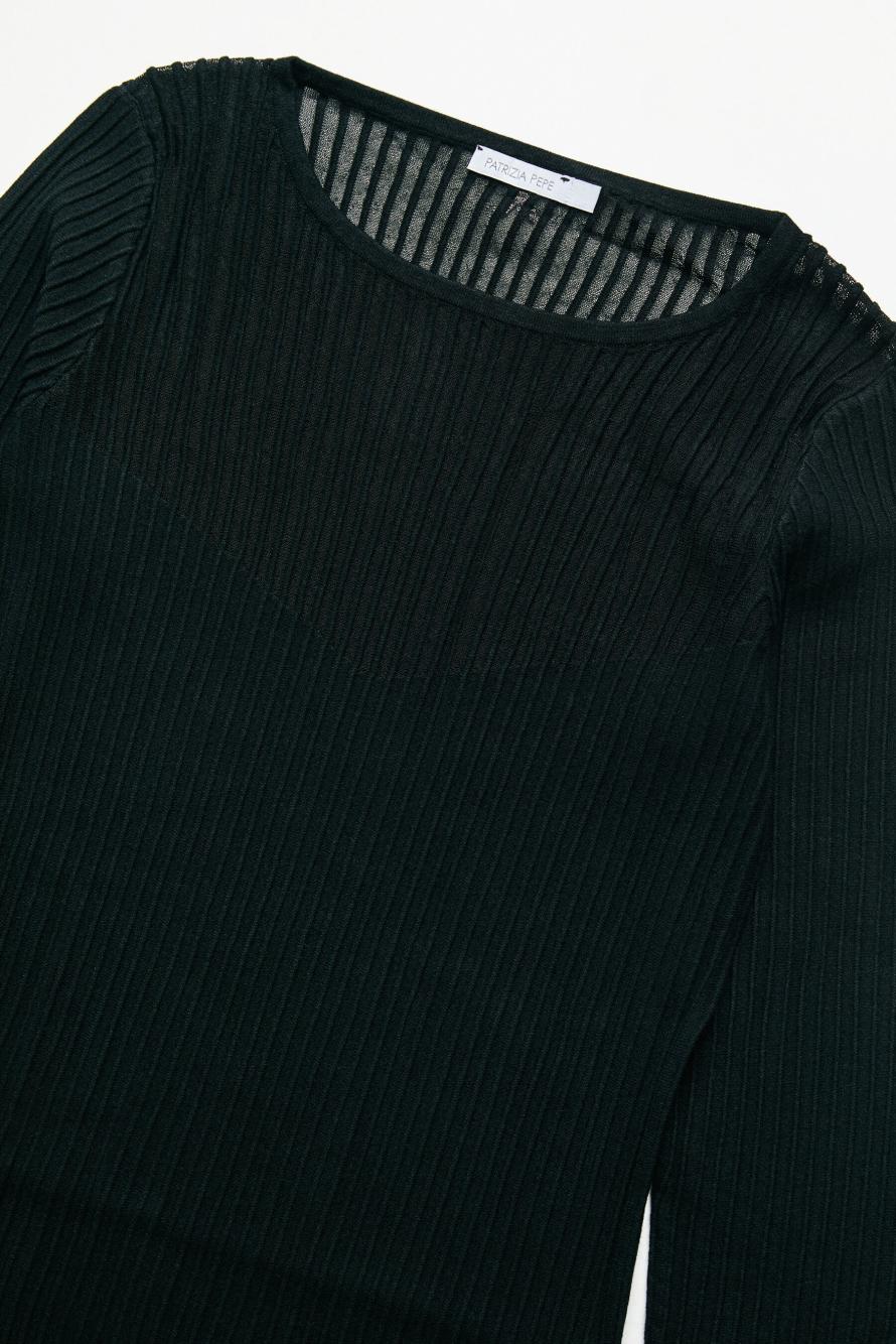 Jersey de punto acanalado con detalles transparentes, Negro