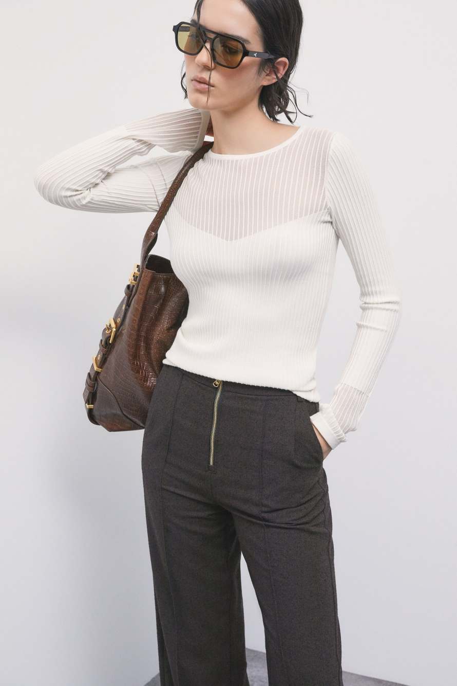 Jersey de punto acanalado con detalles transparentes, Blanco