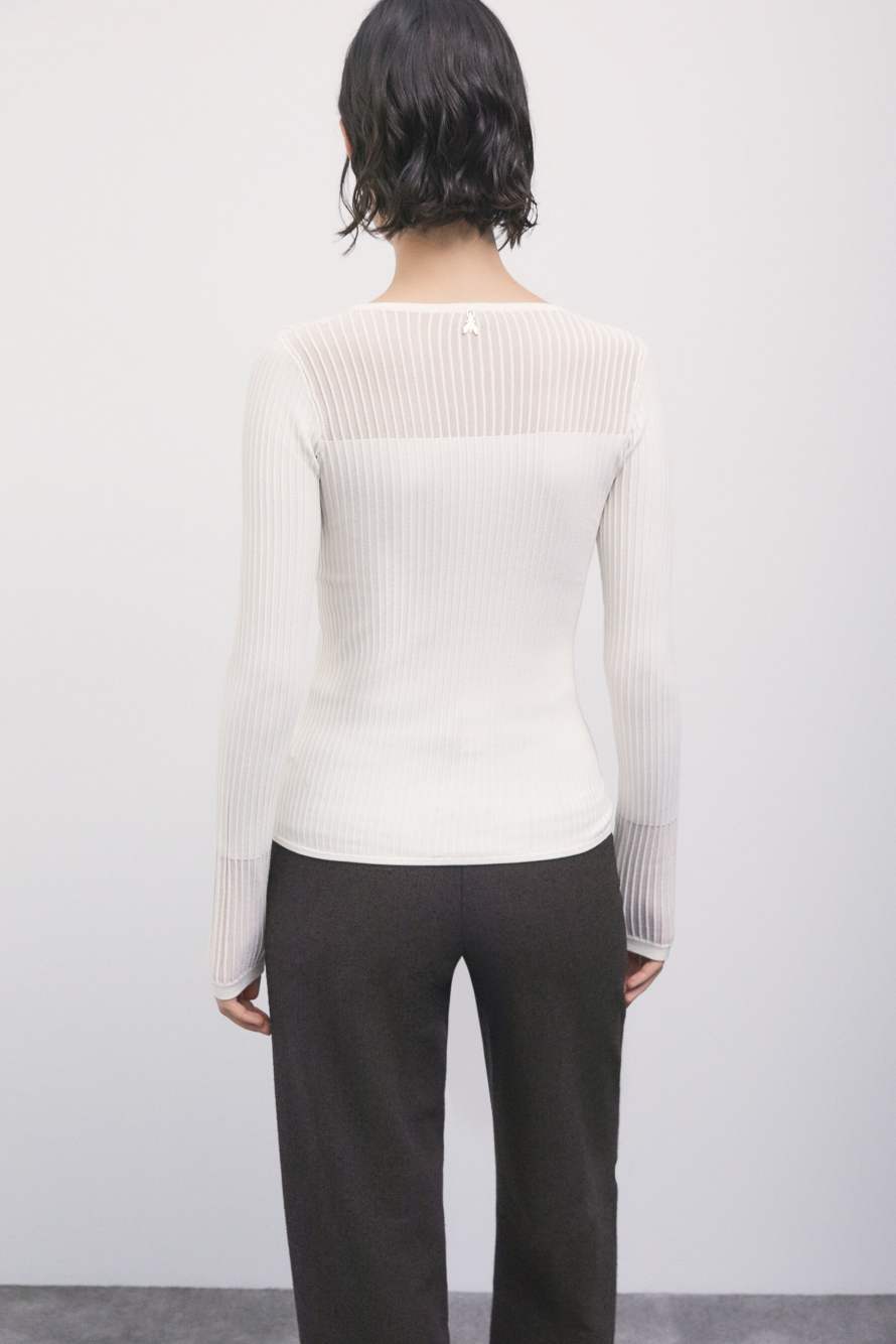 Jersey de punto acanalado con detalles transparentes, Blanco