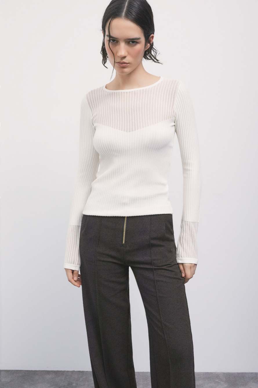 Jersey de punto acanalado con detalles transparentes, Blanco