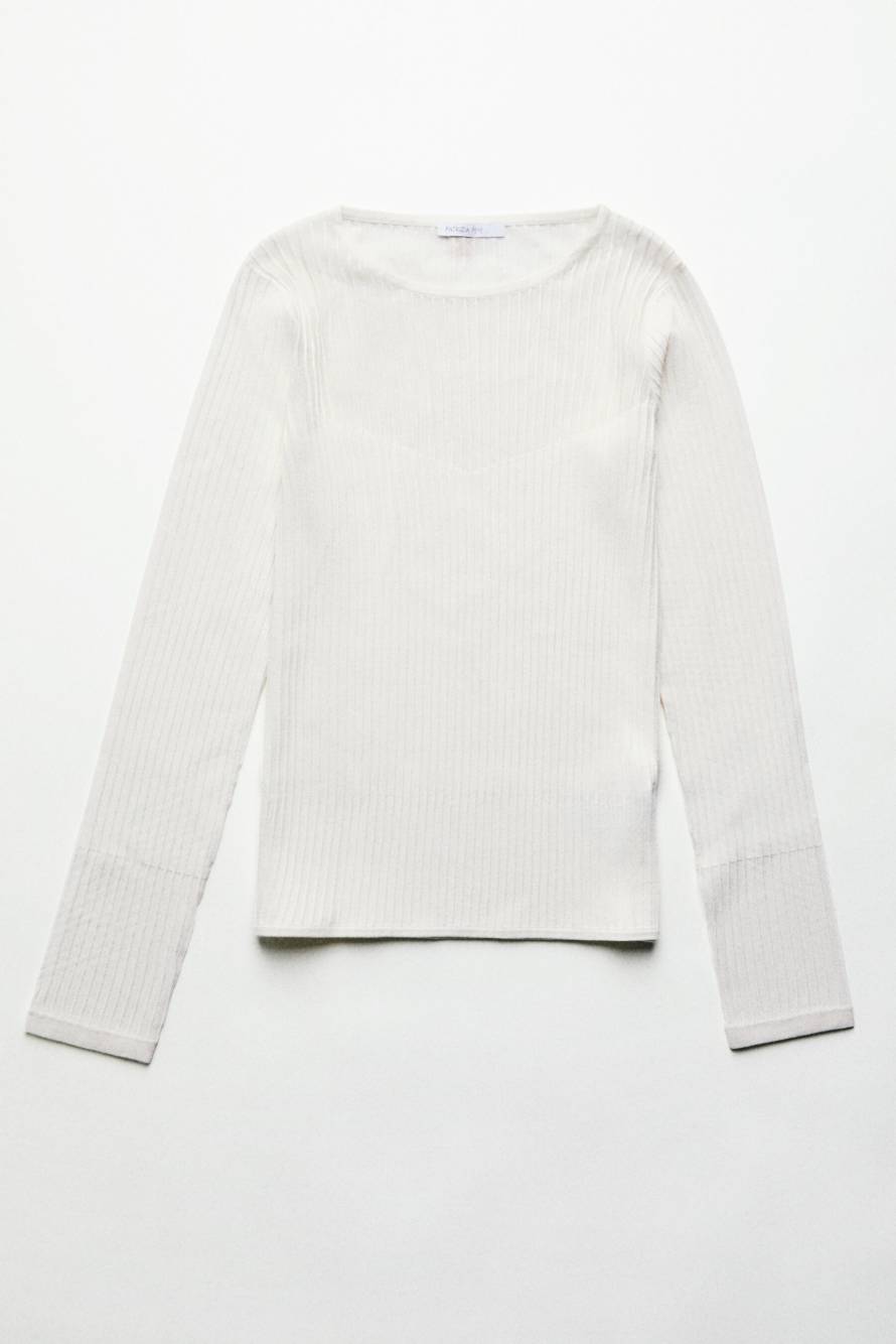 Jersey de punto acanalado con detalles transparentes, Blanco