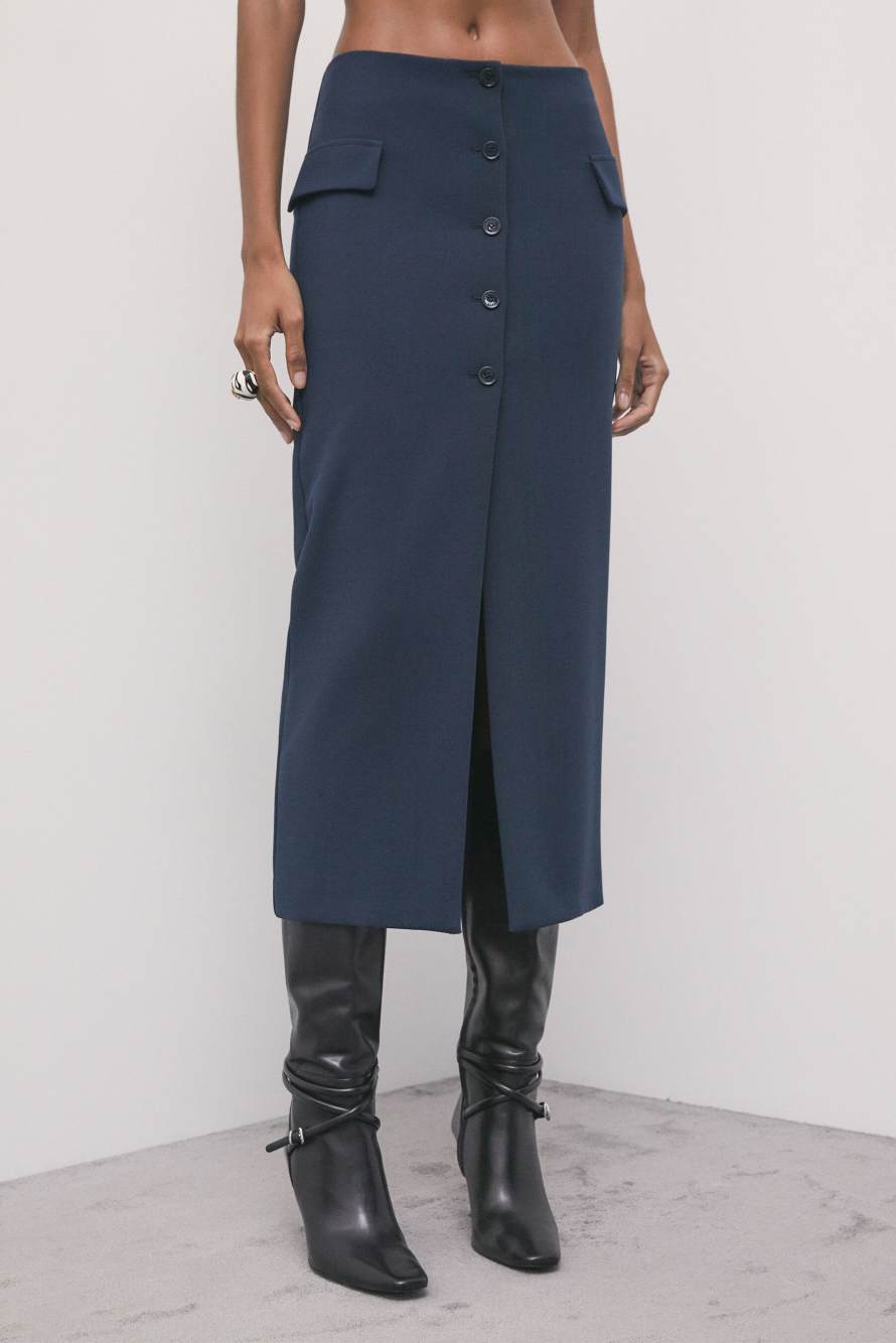 Tailored midi skirt with buttons, Blue, Patrizia Pepe