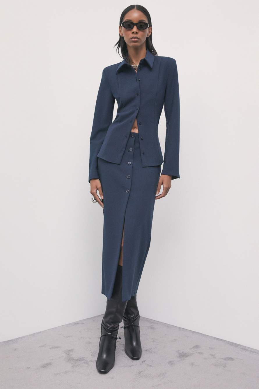 Tailored midi skirt with buttons, Blue, Patrizia Pepe