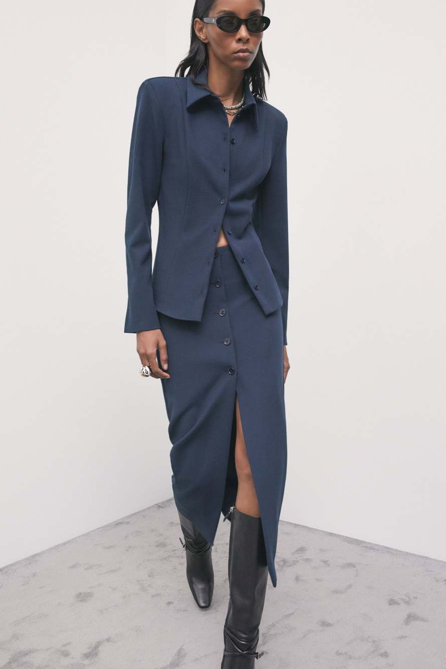 Tailored midi skirt with buttons, Blue, Patrizia Pepe