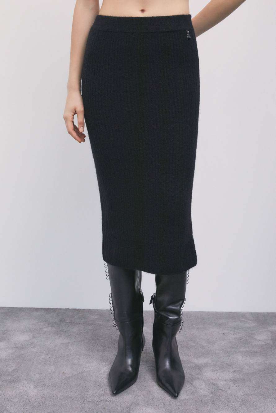 Knitted midi skirt with slit, Black, Patrizia Pepe
