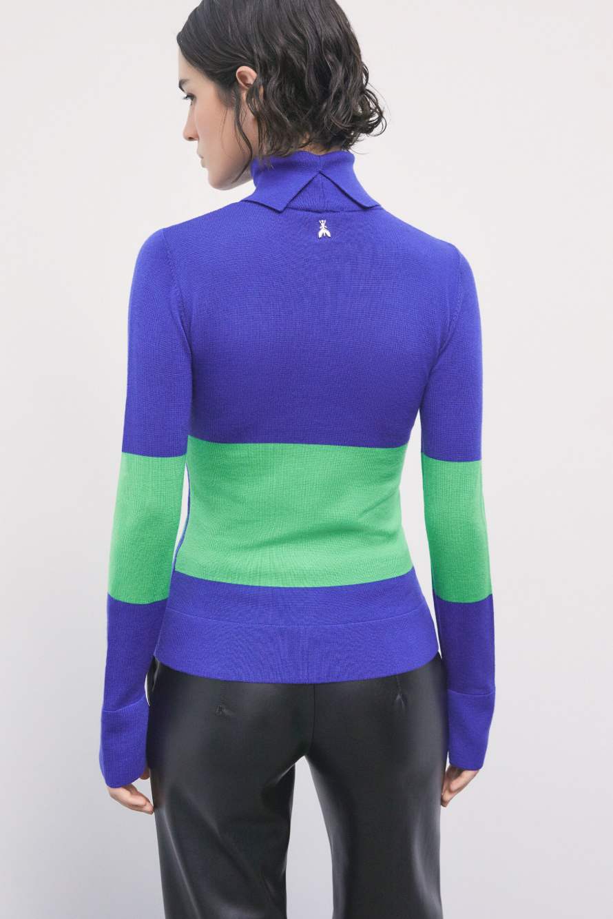 Jersey de cuello alto de lana ajustado con eslogan, Azul