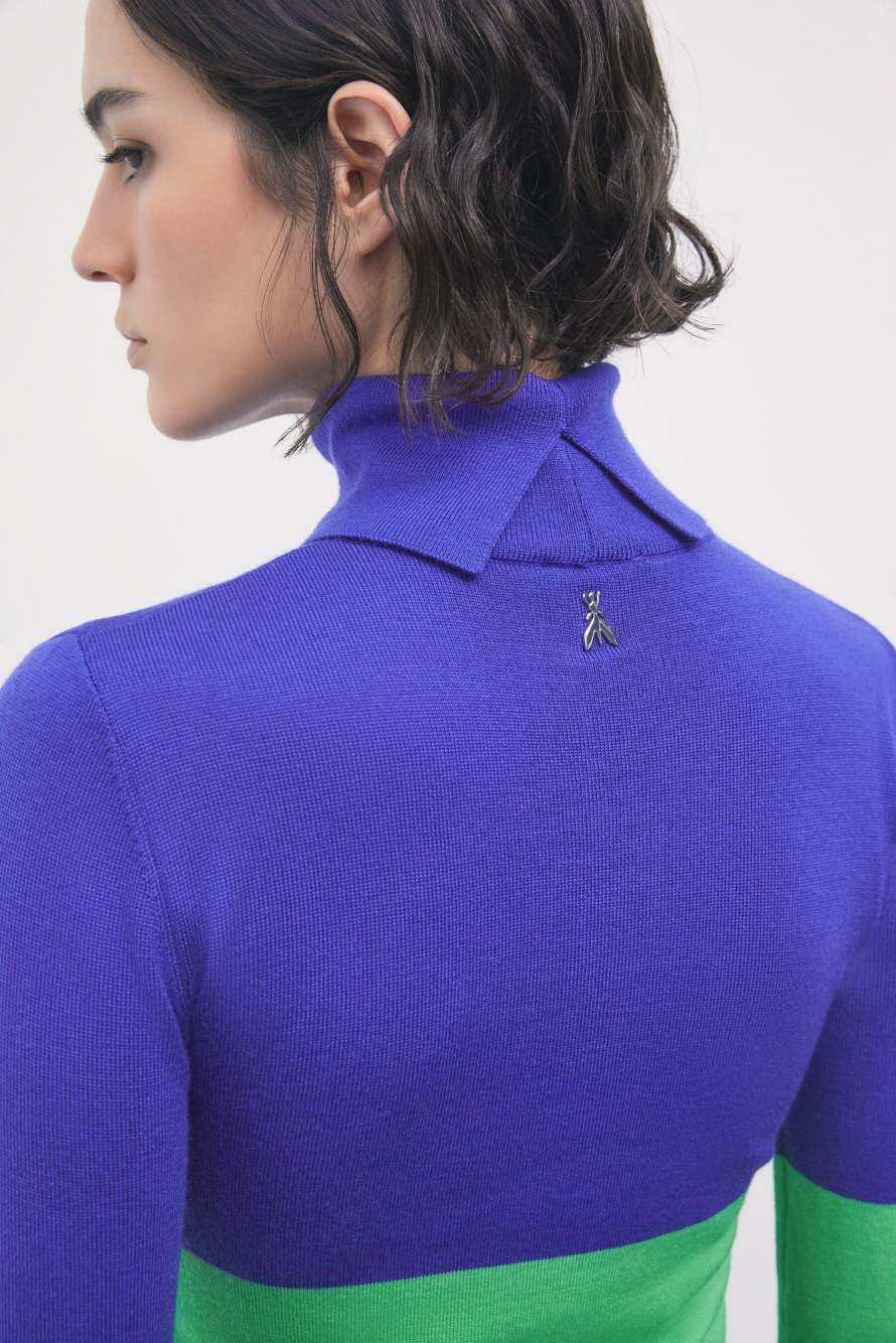 Jersey de cuello alto de lana ajustado con eslogan, Azul
