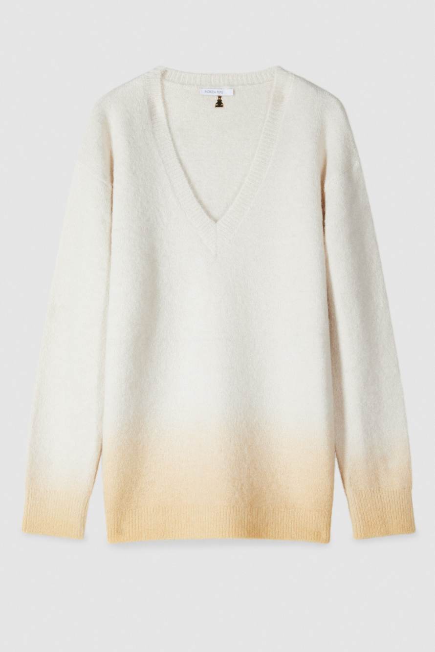 Su&eacute;ter de cuello en V de fibra mixta, Blanco crema/Albaricoque