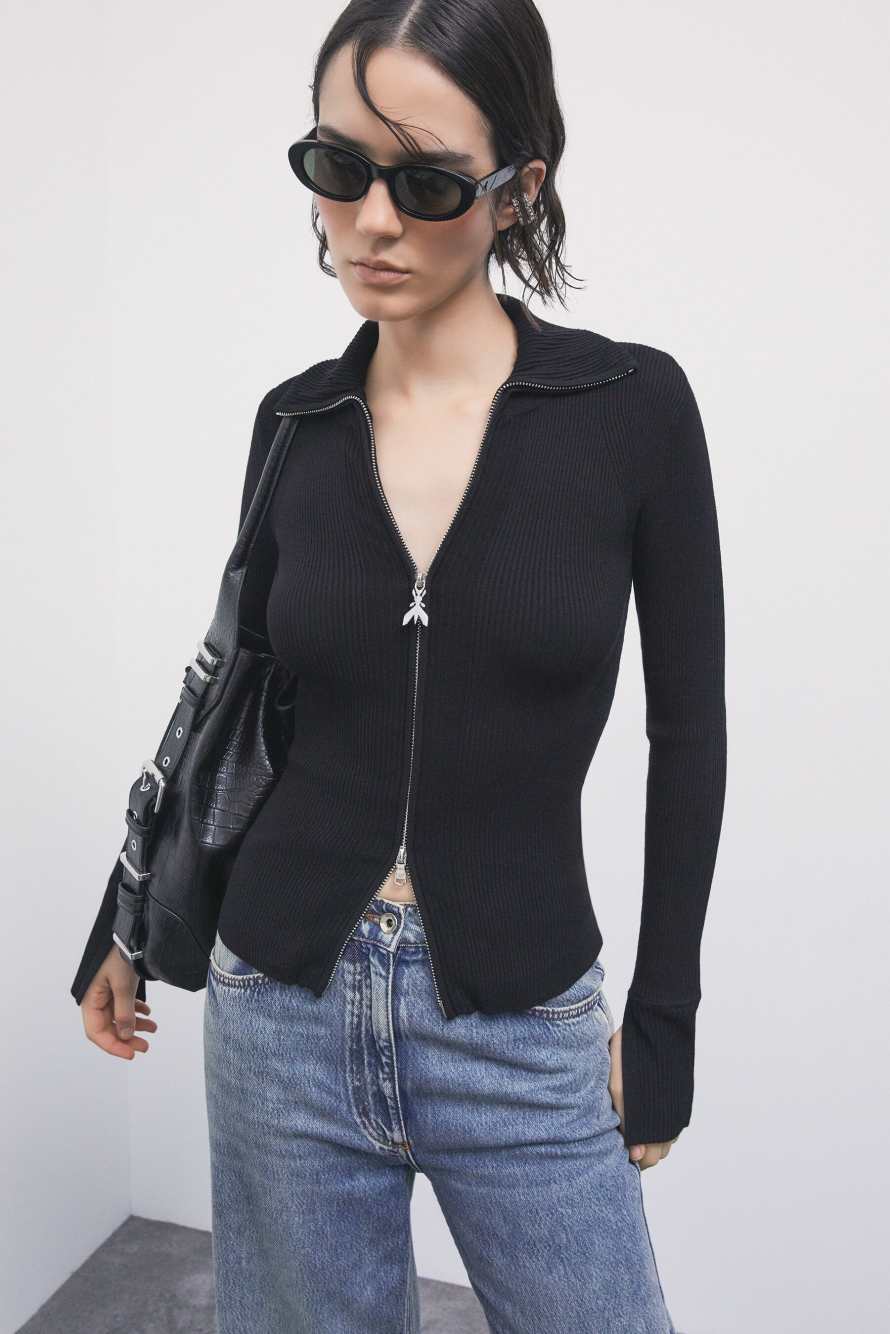 Jersey slim de mezcla de viscosa con cremallera, Negro