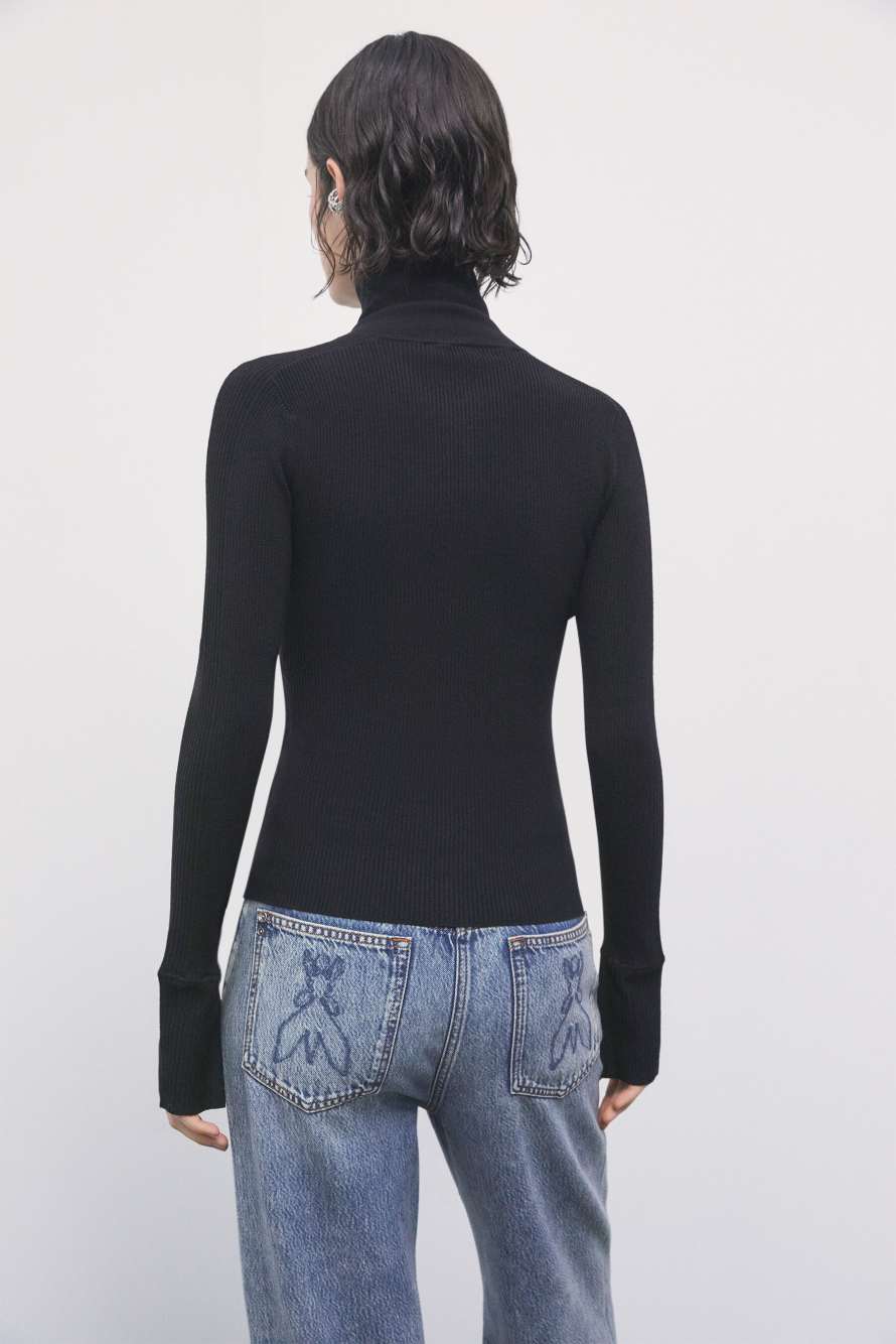 Jersey slim de mezcla de viscosa con cremallera, Negro