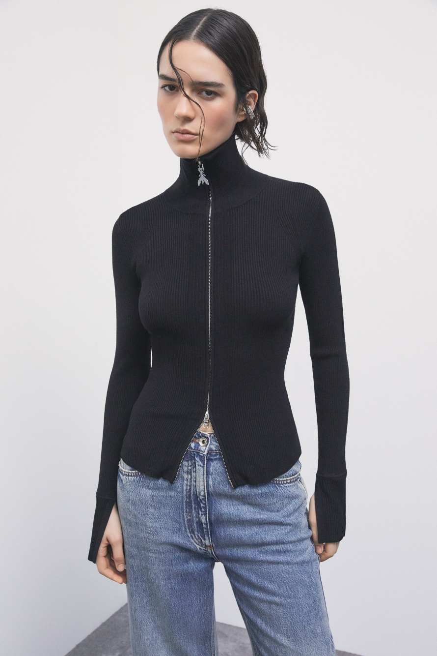 Jersey slim de mezcla de viscosa con cremallera, Negro