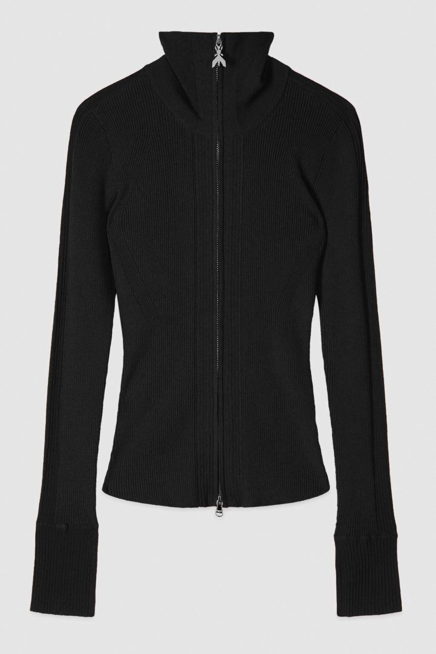 Jersey slim de mezcla de viscosa con cremallera, Negro