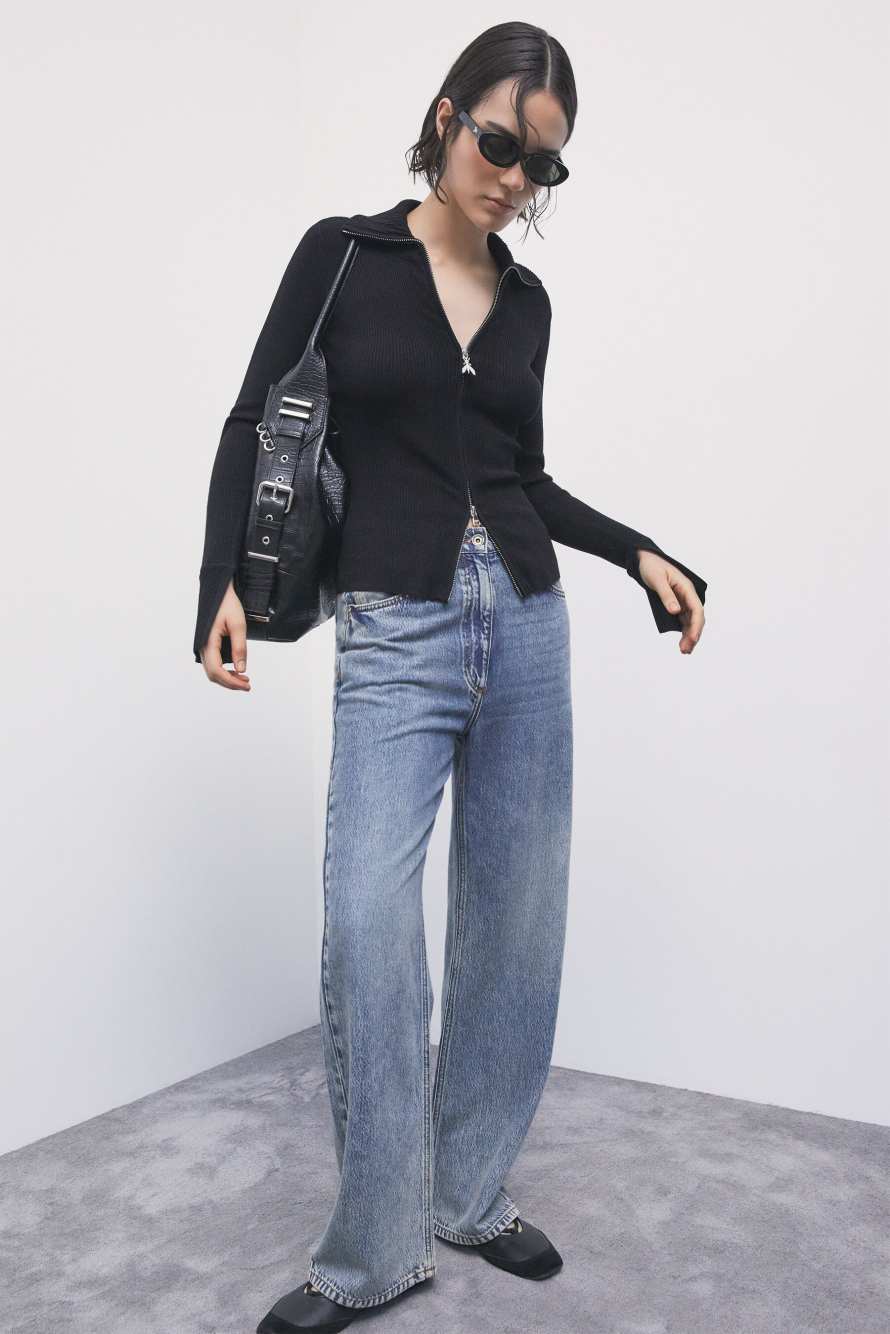 Jersey slim de mezcla de viscosa con cremallera, Negro