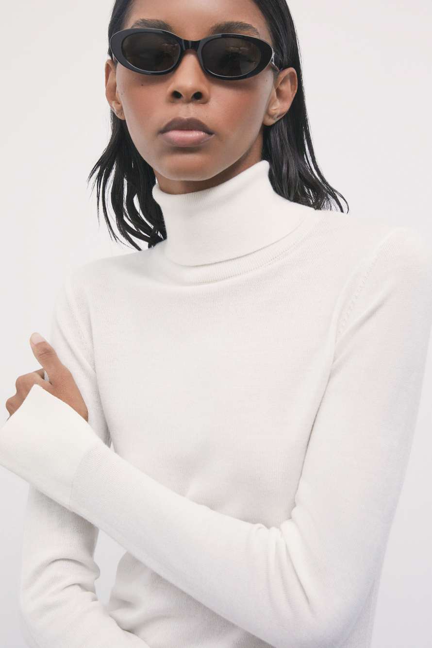 Jersey de cuello alto de lana ajustado, Blanco