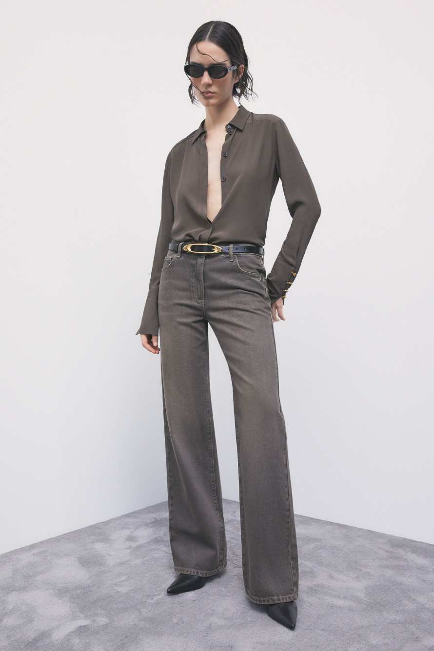 Vaqueros wide leg de tiro bajo, Marr&oacute;n