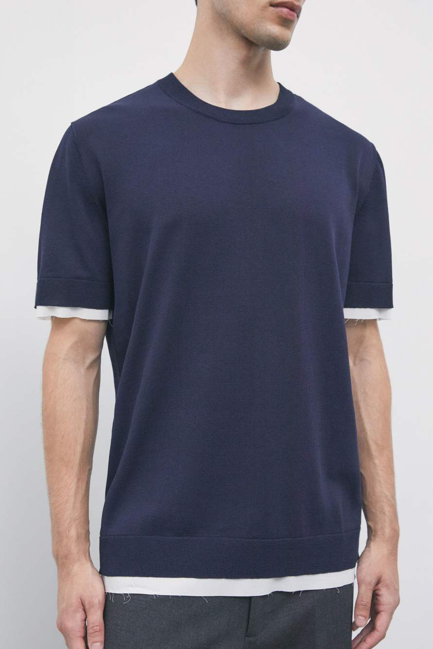 T-shirt en maille avec finitions contrast&eacute;es, Bleu/Blanc, Patrizia Pepe