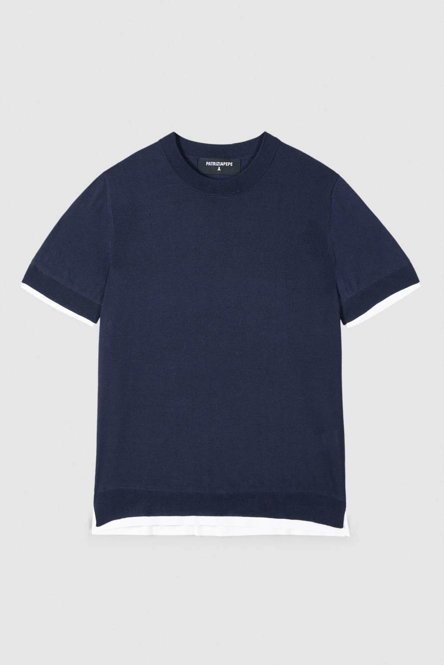 T-shirt en maille avec finitions contrast&eacute;es, Bleu/Blanc, Patrizia Pepe