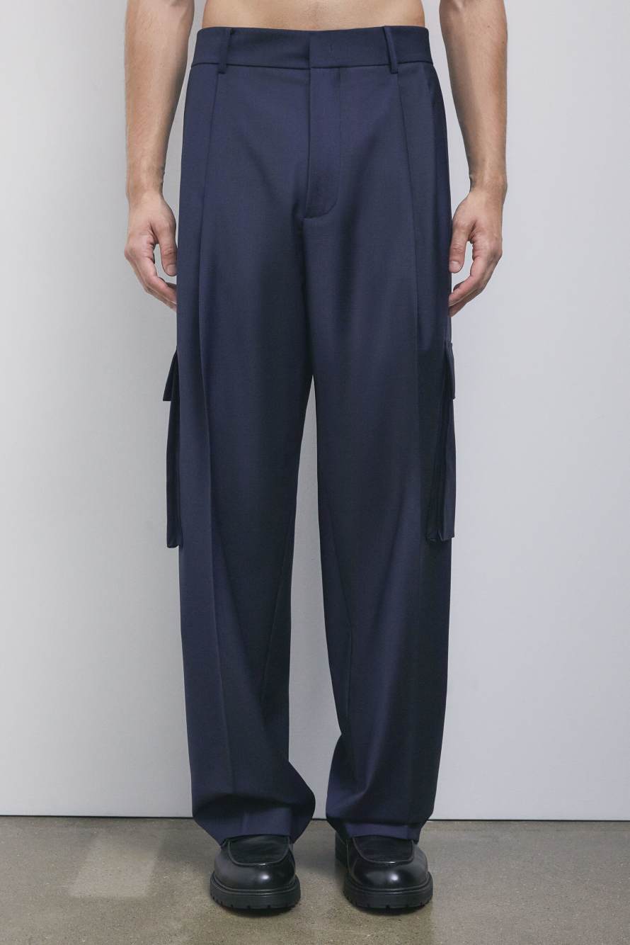 Oversized cargo trousers in light stretch wool blend, Blue, Patrizia Pepe
