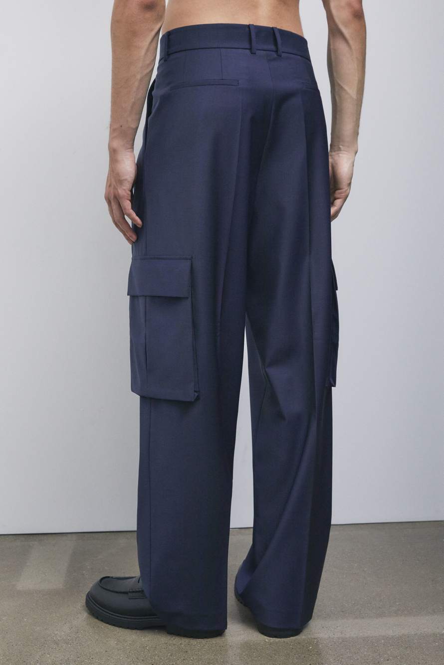 Oversized cargo trousers in light stretch wool blend, Blue, Patrizia Pepe