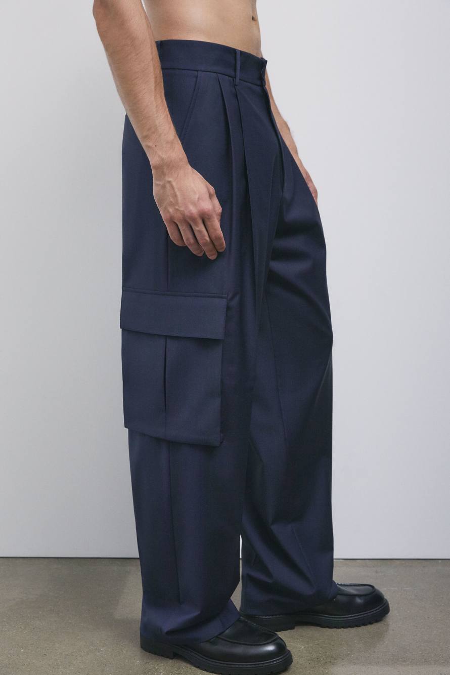 Oversized cargo trousers in light stretch wool blend, Blue, Patrizia Pepe
