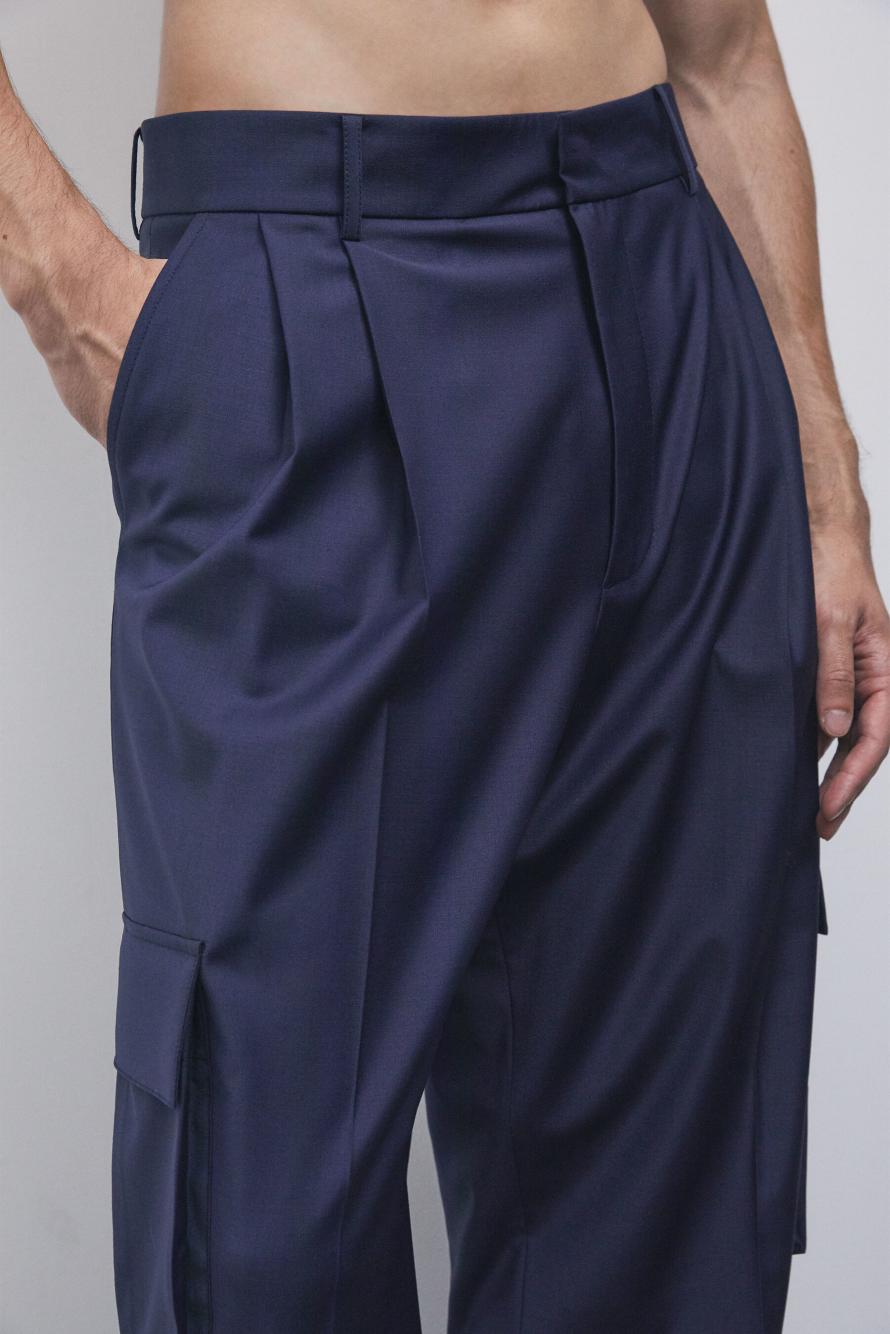 Oversized cargo trousers in light stretch wool blend, Blue, Patrizia Pepe