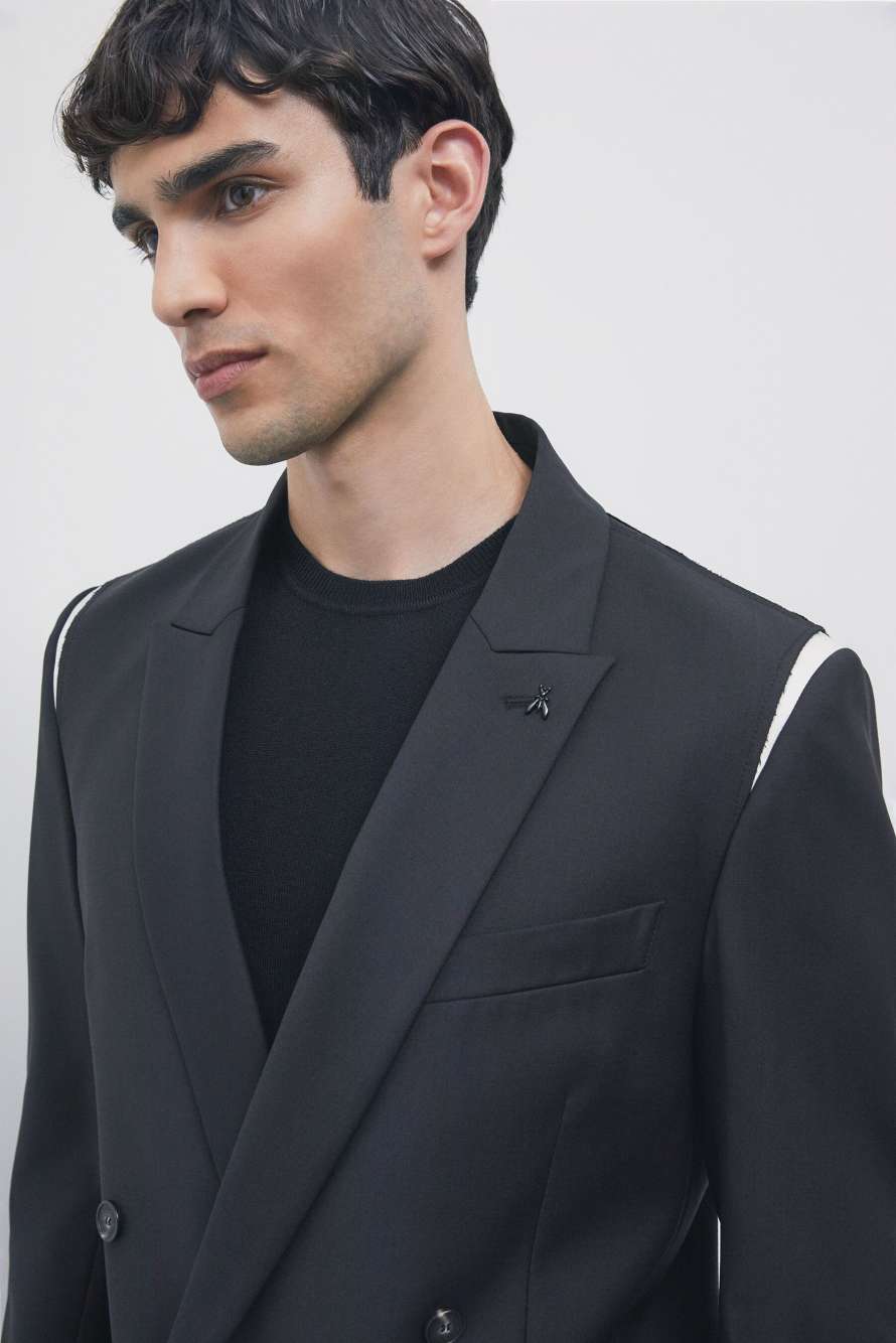Double-breasted blazer in light stretch wool blend with satin details, Black/White, Patrizia Pepe