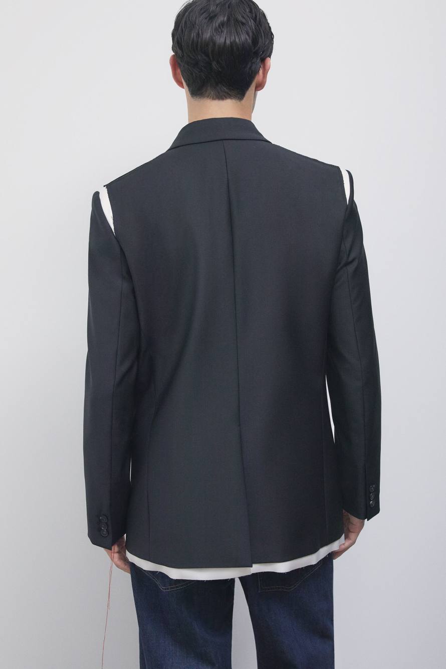 Double-breasted blazer in light stretch wool blend with satin details, Black/White, Patrizia Pepe