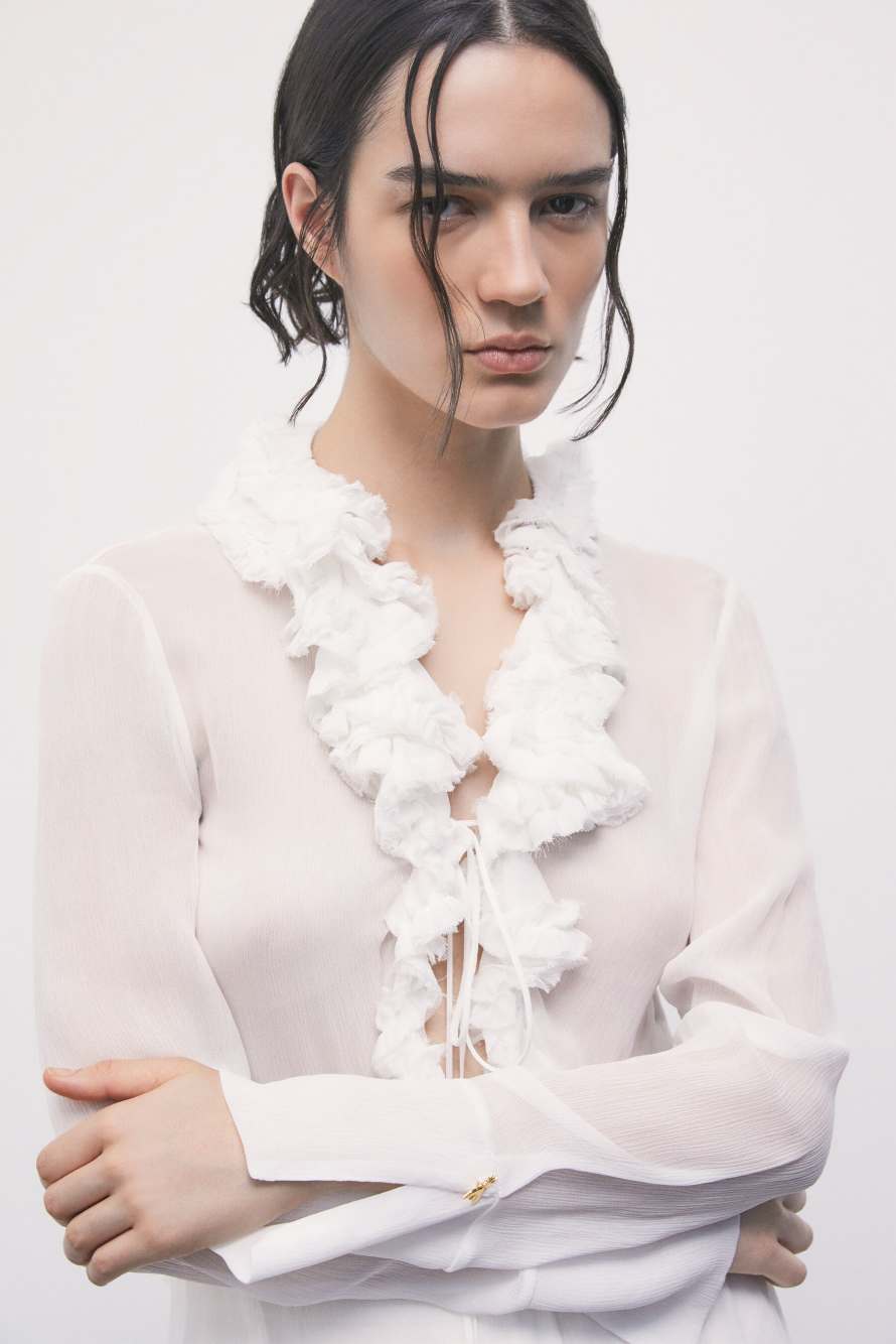 Sheer viscose shirt with ruffles, White, Patrizia Pepe