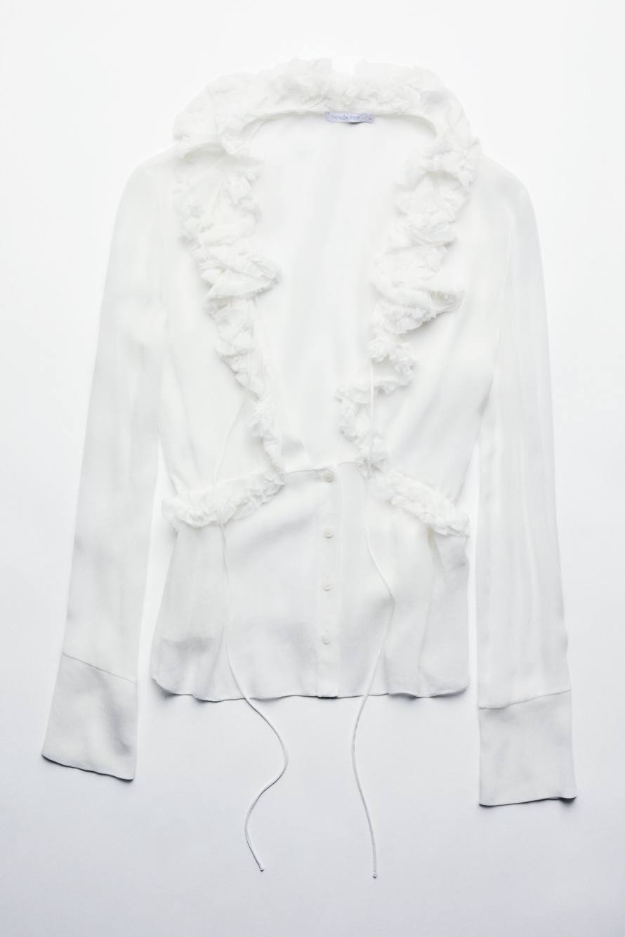 Sheer viscose shirt with ruffles, White, Patrizia Pepe