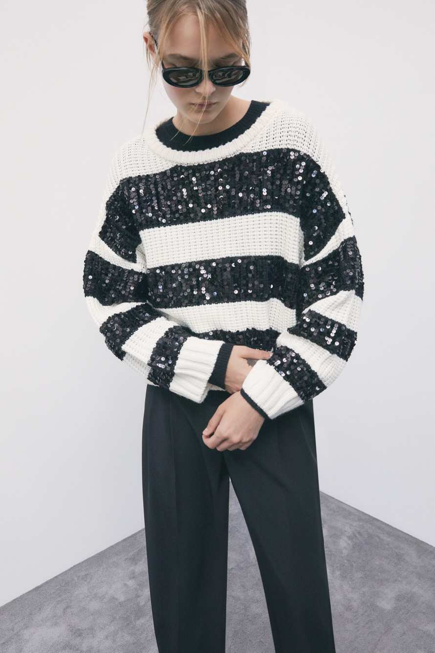 Striped sweater with sequins, White/Black, Patrizia Pepe