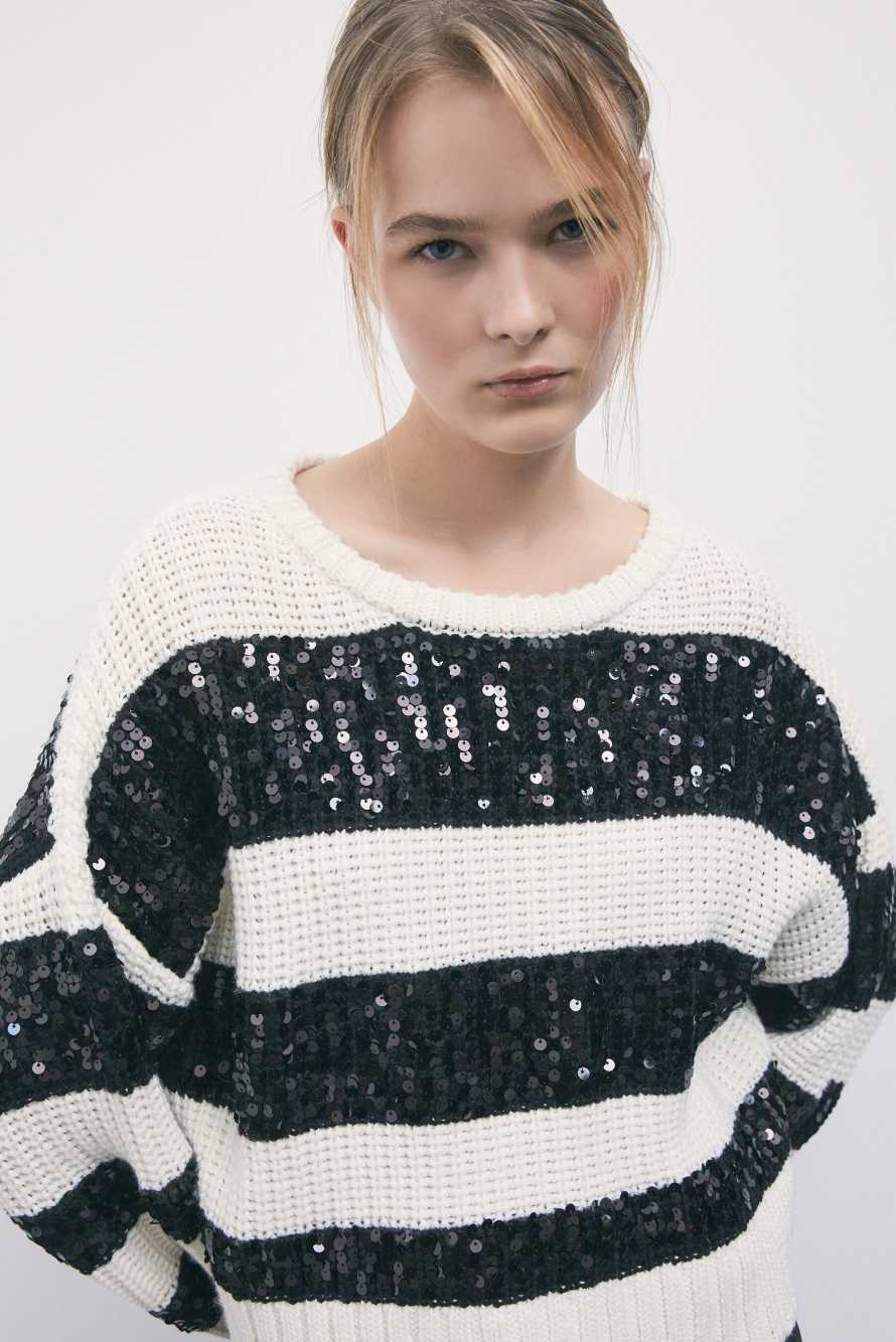 Striped sweater with sequins, White/Black, Patrizia Pepe