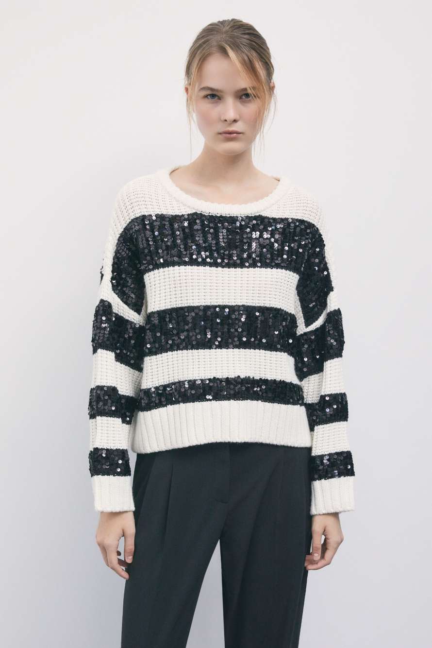 Striped sweater with sequins, White/Black, Patrizia Pepe