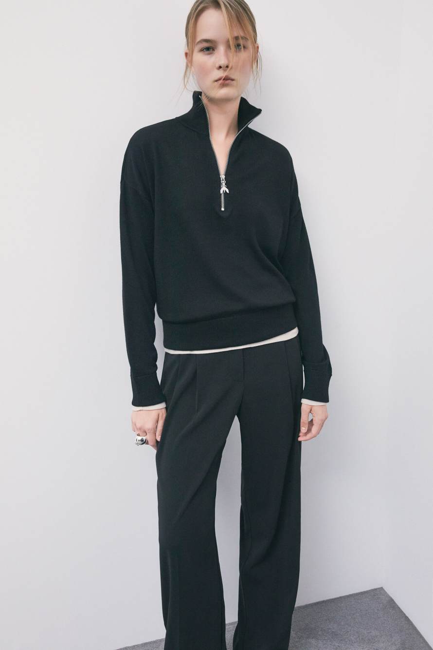 Jersey de cuello alto de lana con cremallera, Negro
