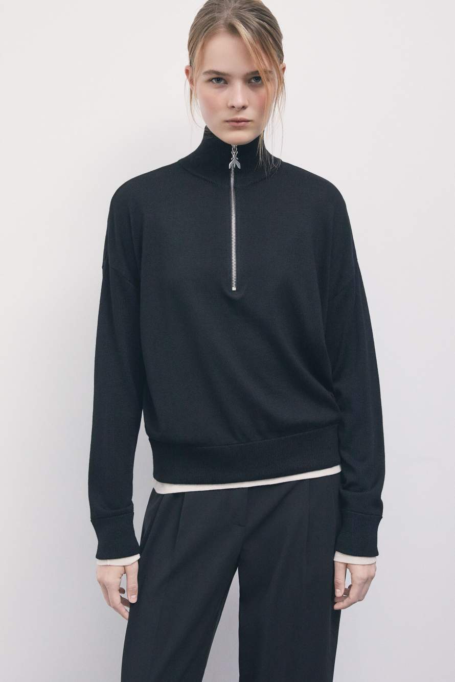 Jersey de cuello alto de lana con cremallera, Negro