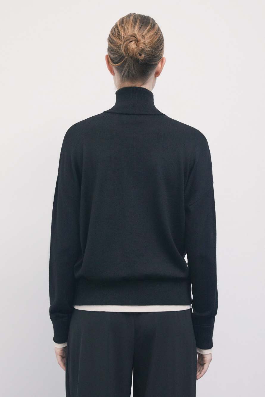 Jersey de cuello alto de lana con cremallera, Negro