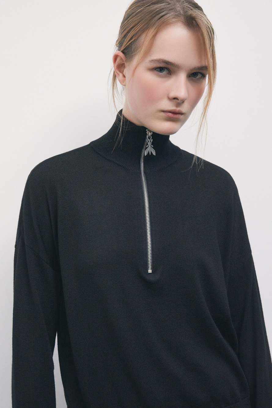 Jersey de cuello alto de lana con cremallera, Negro