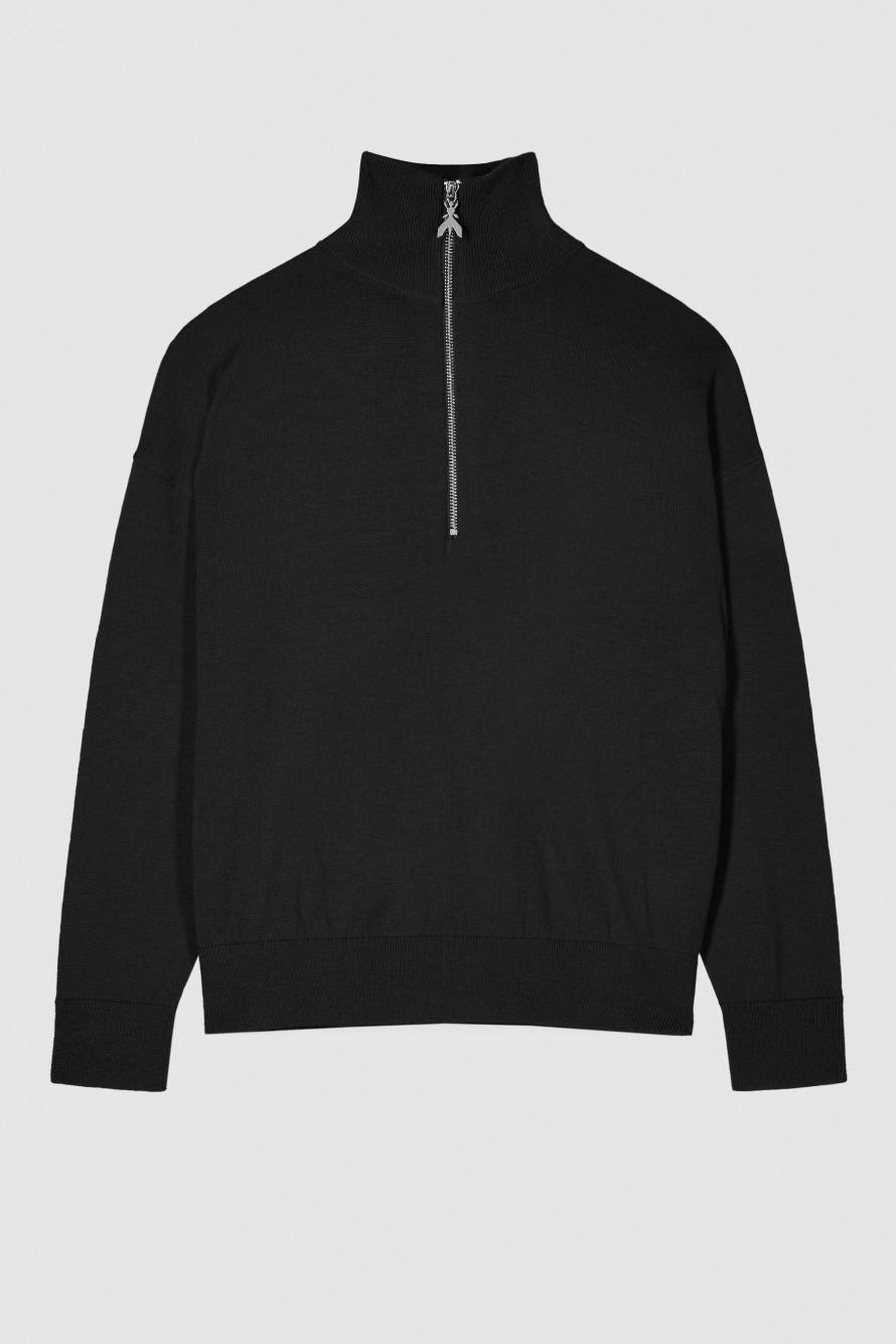 Jersey de cuello alto de lana con cremallera, Negro