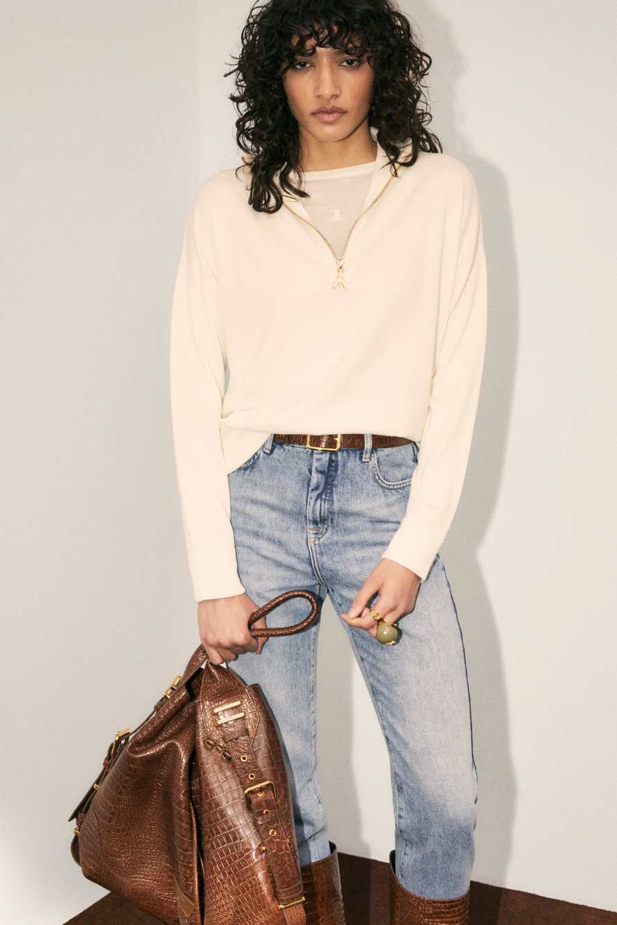 Jersey de cuello alto de lana con cremallera, Blanco