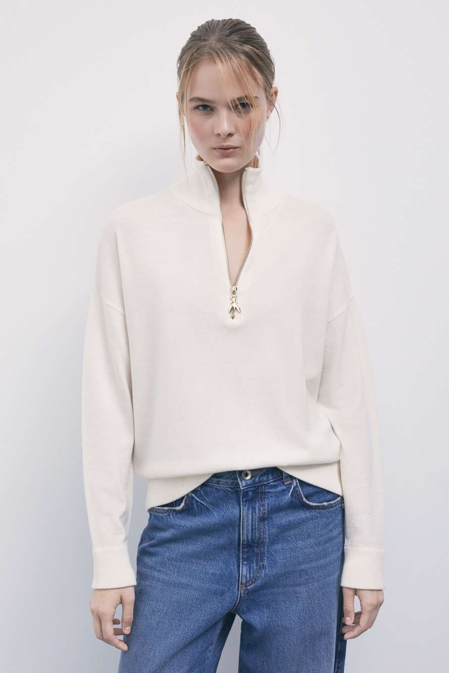 Jersey de cuello alto de lana con cremallera, Blanco
