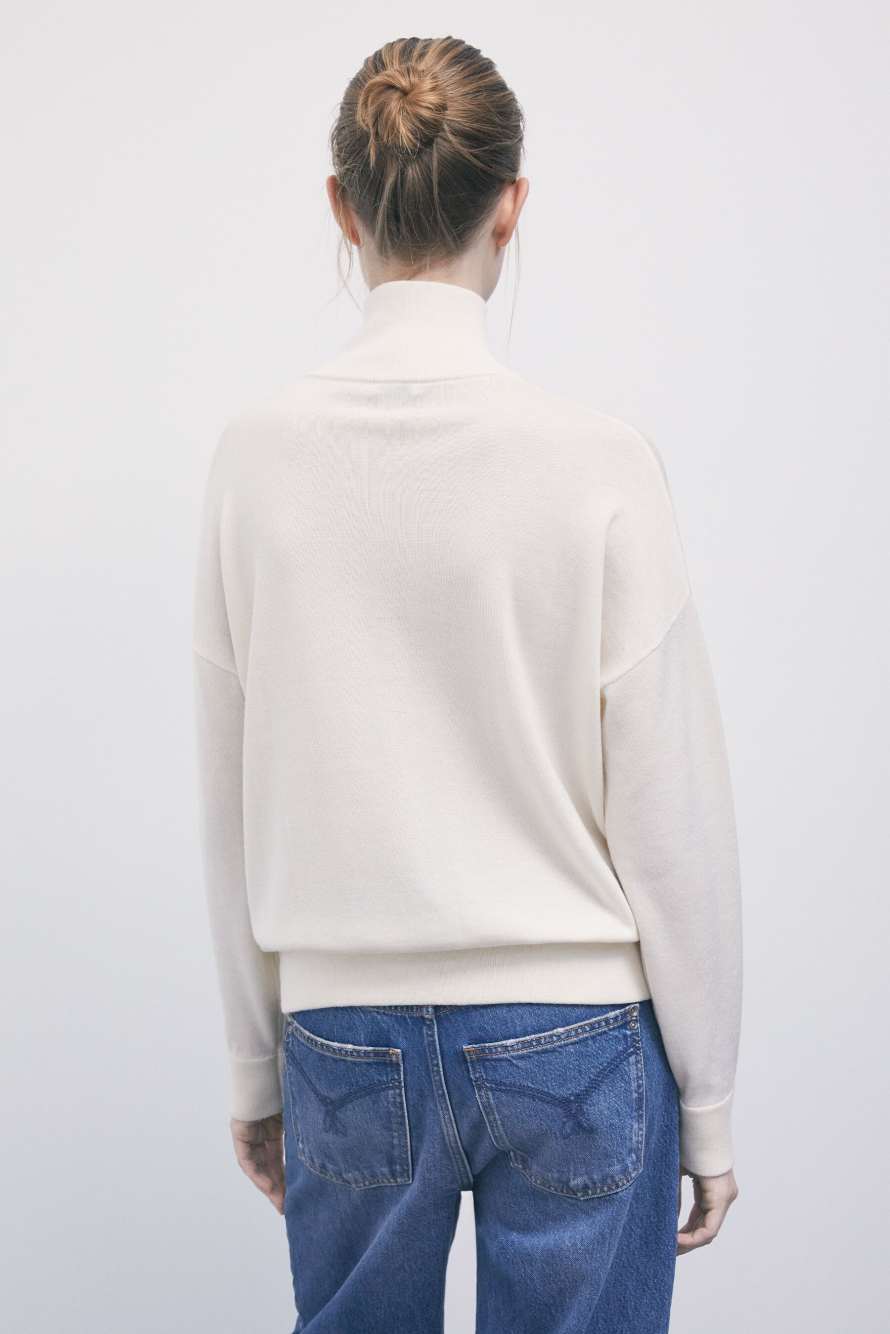 Jersey de cuello alto de lana con cremallera, Blanco