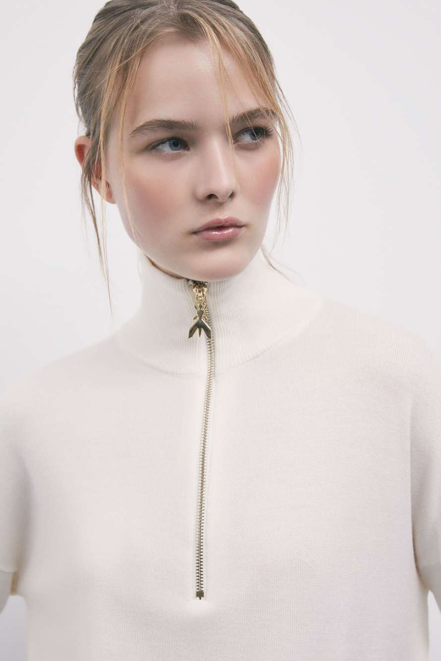 Jersey de cuello alto de lana con cremallera, Blanco