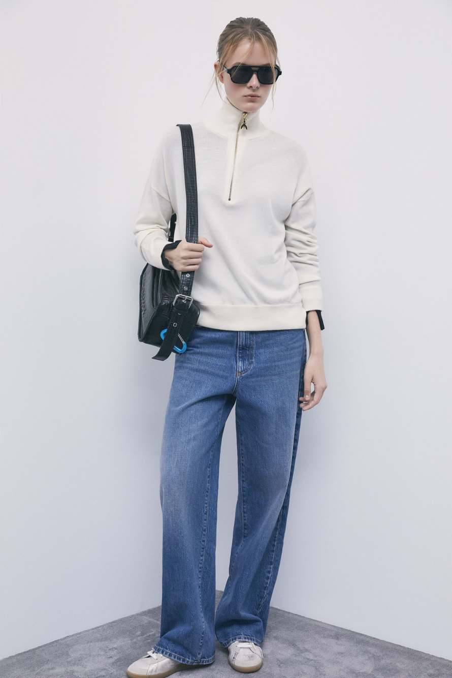 Jersey de cuello alto de lana con cremallera, Blanco