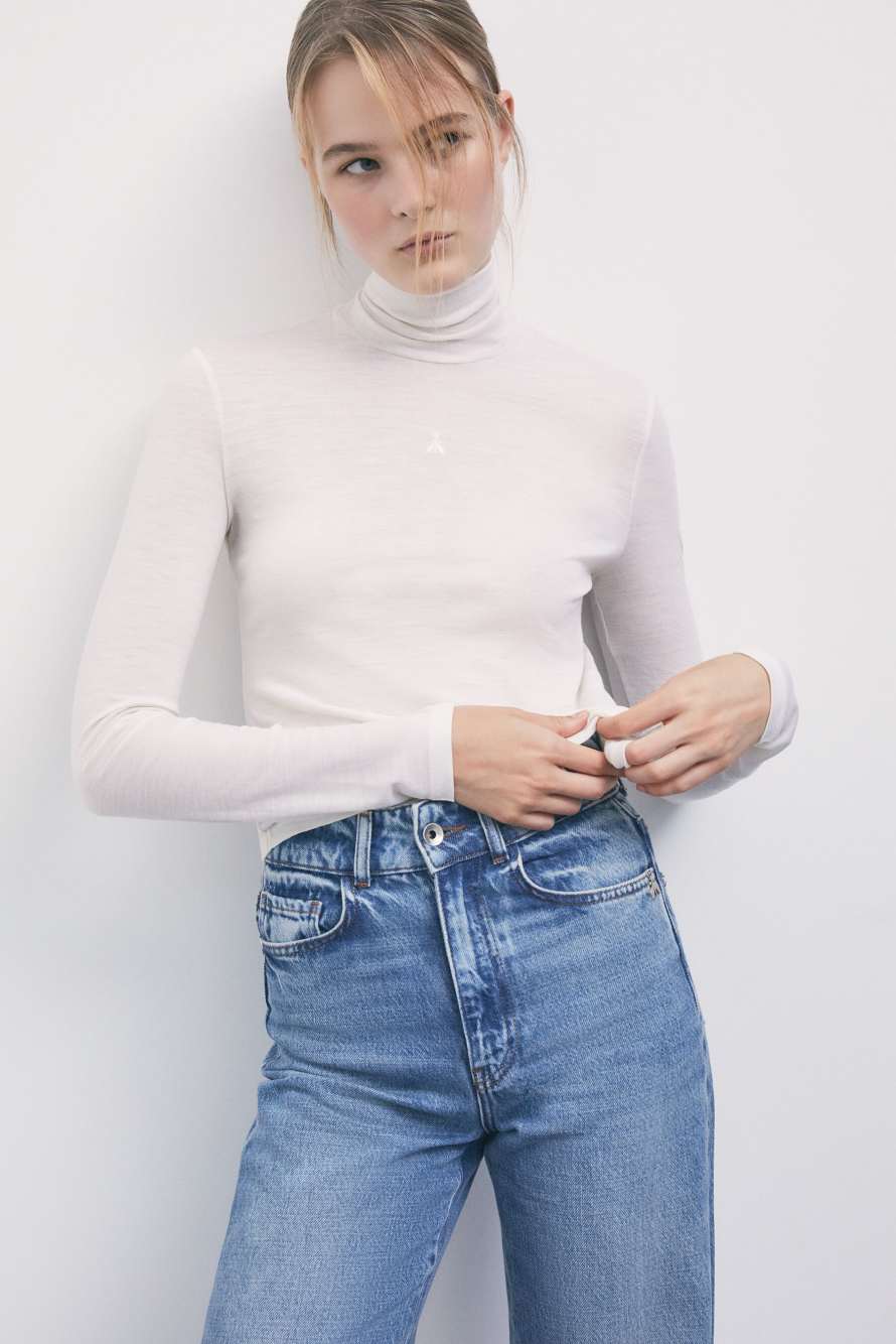 Jersey de cuello alto en lana ultraligera, Blanco