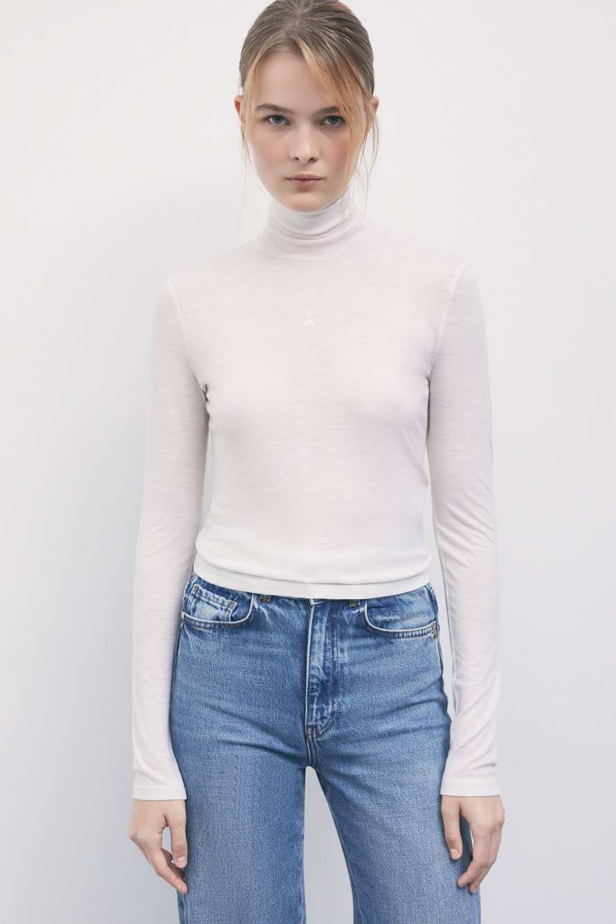 Jersey de cuello alto en lana ultraligera, Blanco