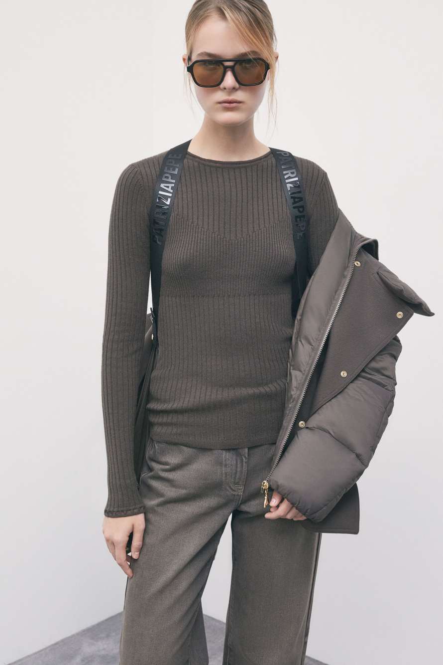 Double-breasted high-neck down jacket, Brown, Patrizia Pepe