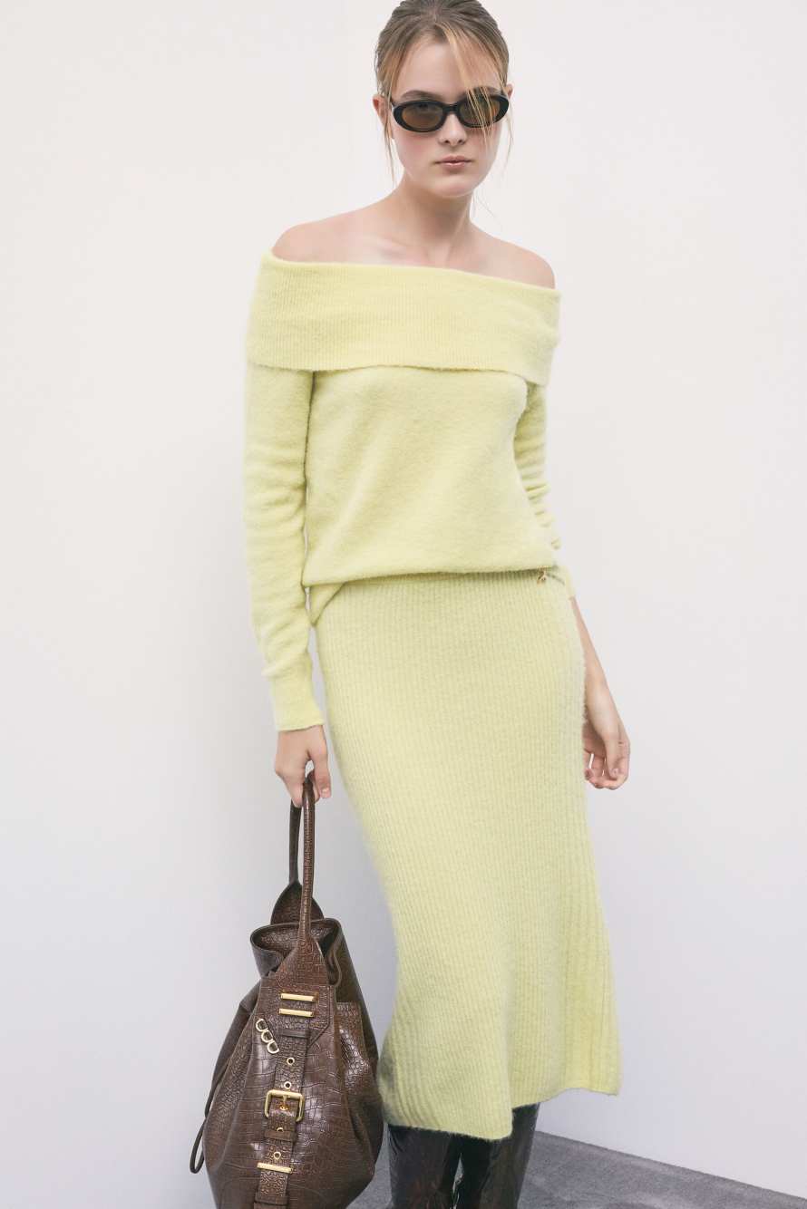 Knitted midi skirt with slit, Yellow, Patrizia Pepe